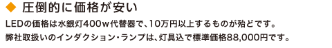 圧倒的に価格が安い。LEDの価格は水銀灯400ｗ代替器で、10万円以上するものが殆どです。弊社取扱いのインダクション・ランプは、灯具込で標準価格88,000円です。